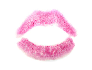 Pink lipstick kiss mark on white background