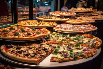 pizzeria with variety of pizzas and toppings, including vegetarian and vegan options, created with generative ai - obrazy, fototapety, plakaty