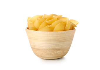 Bowl of raw conchiglie pasta isolated on white background