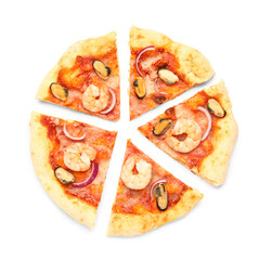Slices of tasty seafood pizza isolated on white background