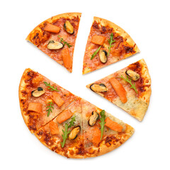 Slices of tasty seafood pizza isolated on white background