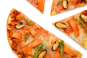 Slices of tasty seafood pizza isolated on white background, closeup