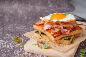 Delicious sandwich with fried egg and bacon on grey background