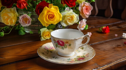 Fototapeta na wymiar A Blissful Retreat: Tea Cup on a Table Brimming with Flowers