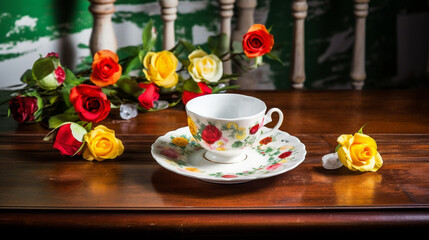 A Blissful Retreat: Tea Cup on a Table Brimming with Flowers