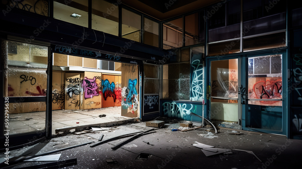Poster a run down building with broken windows and graffiti on the walls. ai generative image