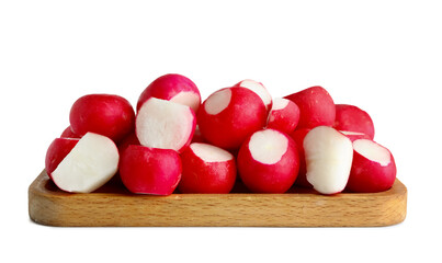 Wooden board with fresh radish isolated on white background