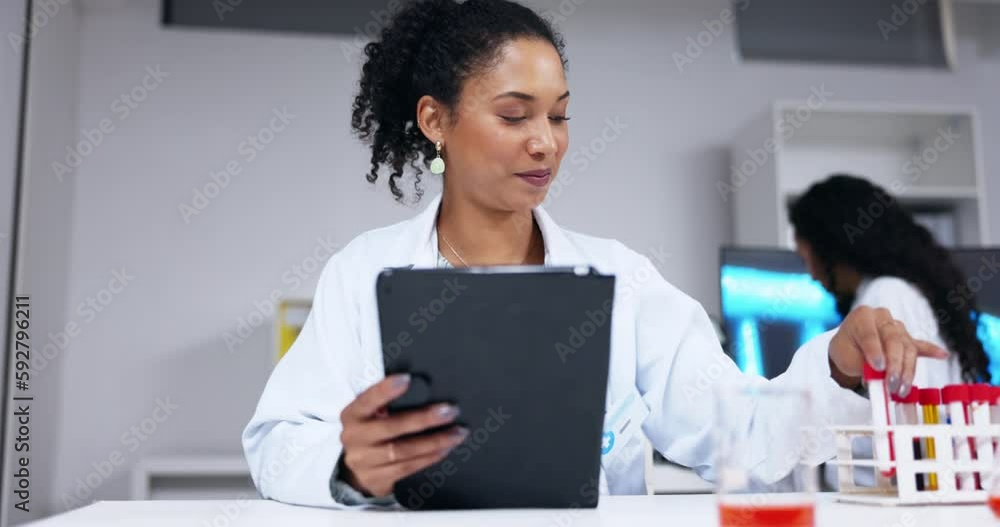 Poster tablet, research and a scientist with a blood sample for analysis, medical innovation and test. happ