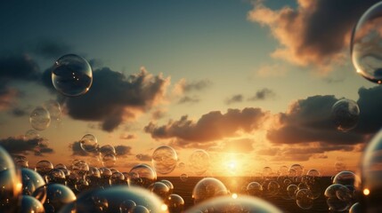 Big bubbles, blurred clear sky and cloud, holy sunlight. AI generative