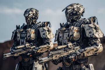 Soldier in combat gear or a robot with artificial intelligence, combat suit, war zone and war weapon, fictional location, Generative AI