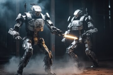 Fototapeta premium Soldier in combat gear or a robot with artificial intelligence, combat suit, war zone and war weapon, fictional location, Generative AI