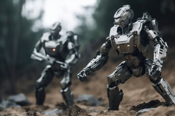 Fototapeta premium Soldier in combat gear or a robot with artificial intelligence, combat suit, war zone and war weapon, fictional location, Generative AI