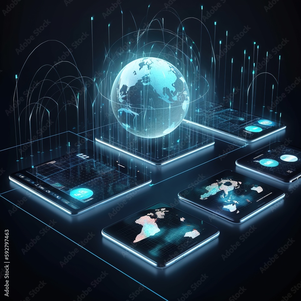 Poster digital finance all over the world using the internet mobile app. fintech management of digital big 