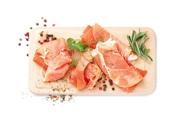Wooden board with slices of tasty jamon on white background