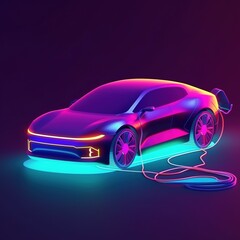 car isolated on black, EV car with charging station charger in hologram. generative ai