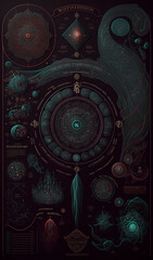 infographic chart data visualisation artwork schematics diagram measurements marginalia abstract filigree scientific intricate typography tarot card