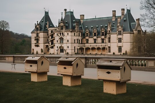 biltmore estate, with birdhouses and feeders near the veranda, created with generative ai