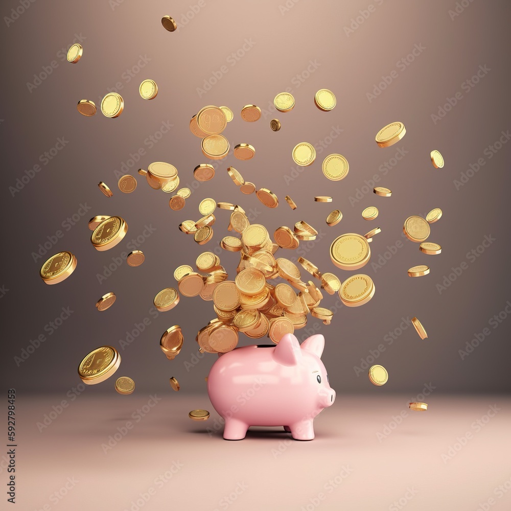 Sticker Pink piggy bank and US dollar coins falling on blue background for money saving 