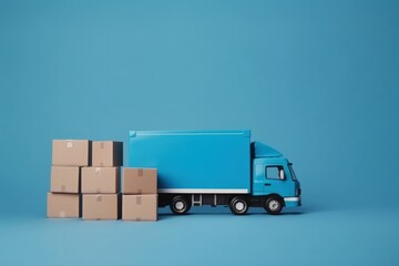 Illustration of blue delivery truck and cardboard boxes, blue background, logistics concept. Generative AI