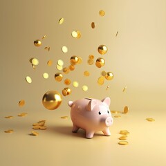 Pink piggy bank and US dollar coins falling on blue background for saving money. generative ai