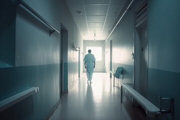 Illustration of a doctor with his back in a hospital corridor. Generative AI