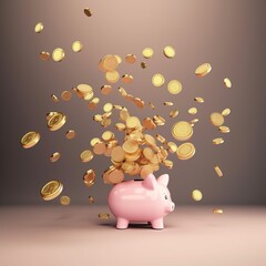Pink piggy bank and US dollar coins falling on blue background for money saving 
