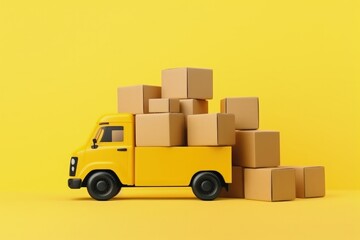 Illustration of yellow delivery truck and cardboard boxes, yellow background, logistics concept. Generative AI