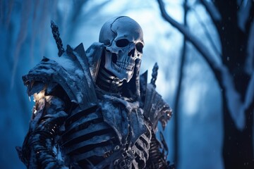 Armor skeleton illustration, ghost of winter, blizzard. Generative AI