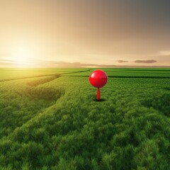 Green field and sunset with destination big red pin location. generative ai