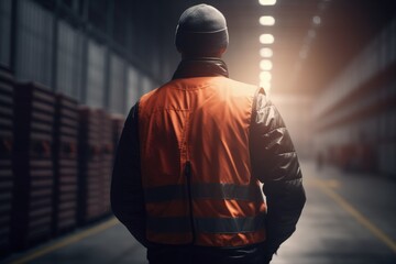 Worker from the back, with helmet and vest, inside a logistic warehouse. Generative AI