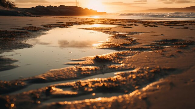 A photograph of a beach at sunset, featuring warm, golden light and long shadows. AI generative