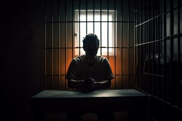 Hacker in prison cell. Selective focus. AI generated, human enhanced - obrazy, fototapety, plakaty