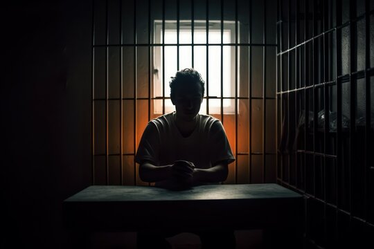 Hacker in prison cell. Selective focus. AI generated, human enhanced