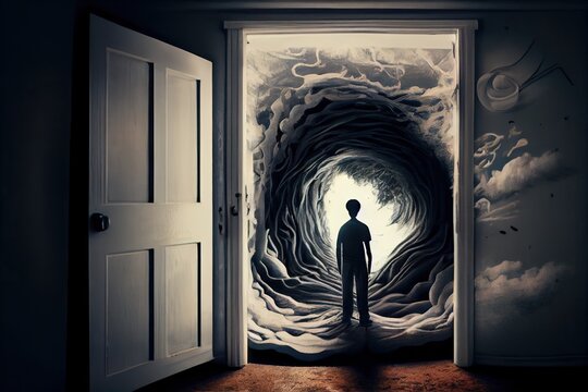 person, with troubled mind and delusional thoughts, trapped in room of twisted reality, created with generative ai