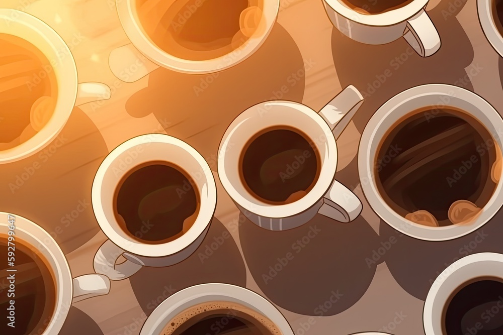 Poster coffee table with various types of coffee cups and mugs. generative ai