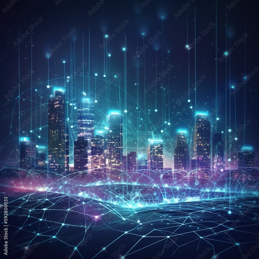 Poster smart city concept and abstract line and dot connect with gradient line design, large data connectio