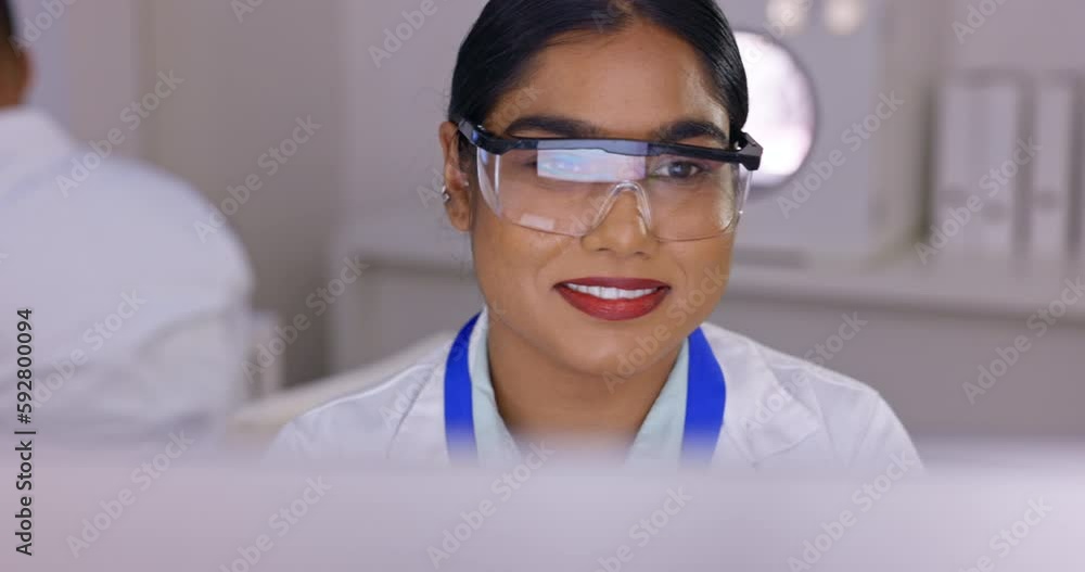 Poster scientist in laboratory, woman with smile and computer, science study for medical research with scie