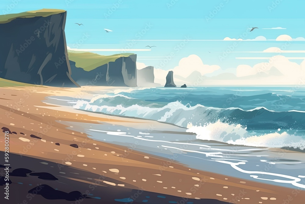 Poster serene beach scene with a towering cliff in the distance. generative ai