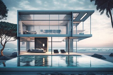 A modern beachfront house featuring glass walls and a swimming pool. AI
