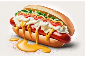 A delicious hotdog with sausage, mustard, mayo, and tomato sauce on a white background. AI