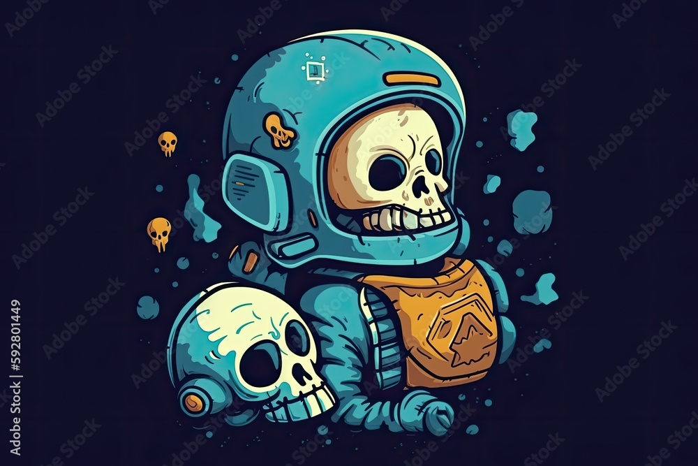 Poster skeleton astronaut sitting next to a skull in a space setting. generative ai