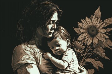Mother's Day Illustration Featuring Mother and Child with Flower Background. AI