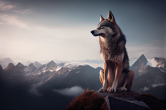 majestic wolf sitting on mountain peak, surveying its territory, created with generative ai