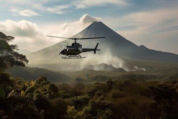 helicopter flying past smoking jungle, with view of active volcano in the background, created with generative ai