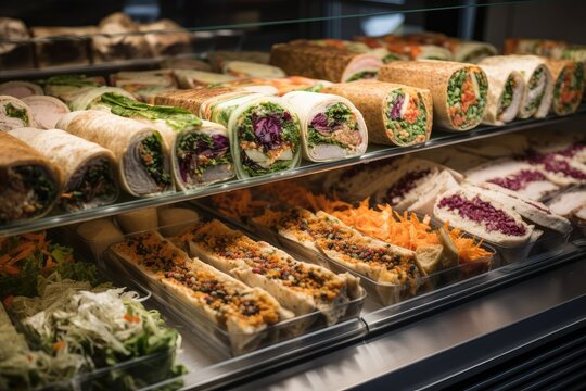 Colorful Array Of Sandwiches And Wraps On Display In Deli Case, Created With Generative Ai