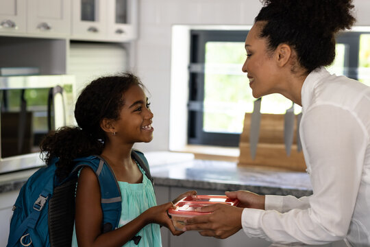 Happy biracial mother giving school lunchbox to her smiling daughter wearing school bag in kitchen