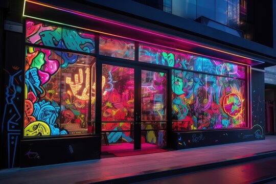 80s-style store exterior with colorful pop art and neon signs, created with generative ai