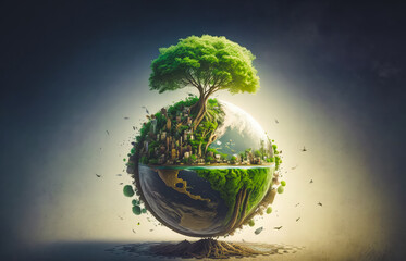Planet Earth showing environmentally friendly cities surrounded by a large tree of life. Symbolizing environmentally conscious ideas and embracing solutions to climate crisis. Generative ai.