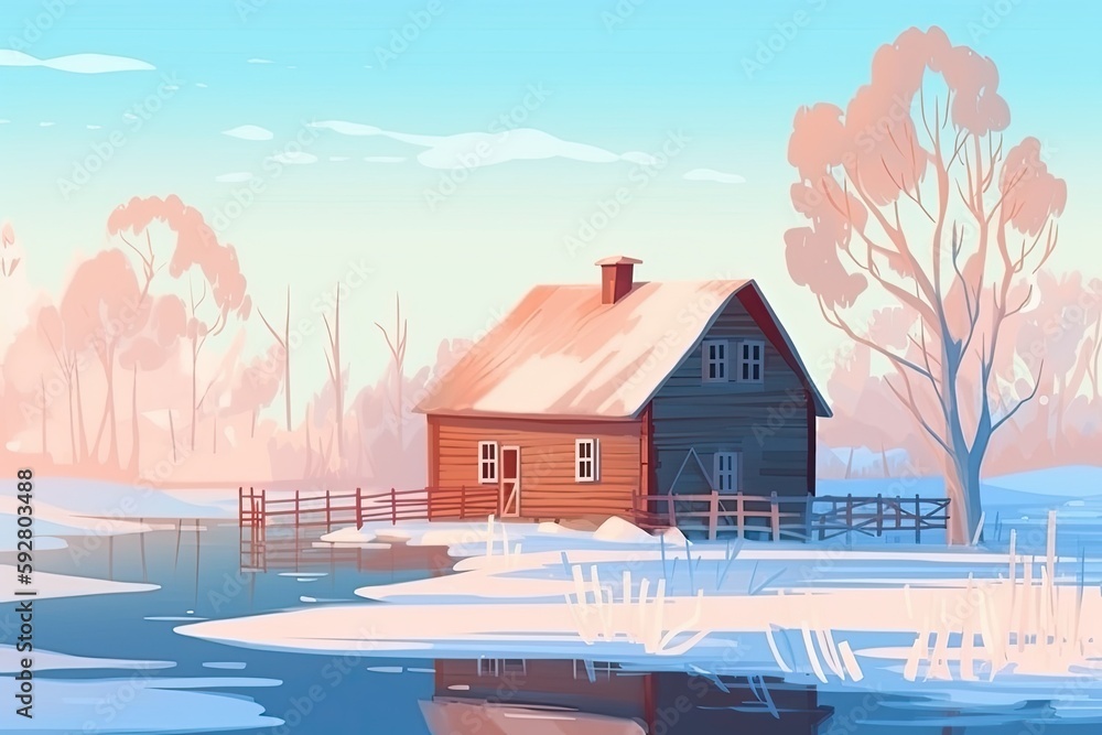 Wall mural charming winter cottage surrounded by snow. Generative AI