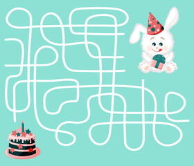 Help the white bunny find his birthday cake. Maze game. Cartoon vector illustration for children's entertainment.